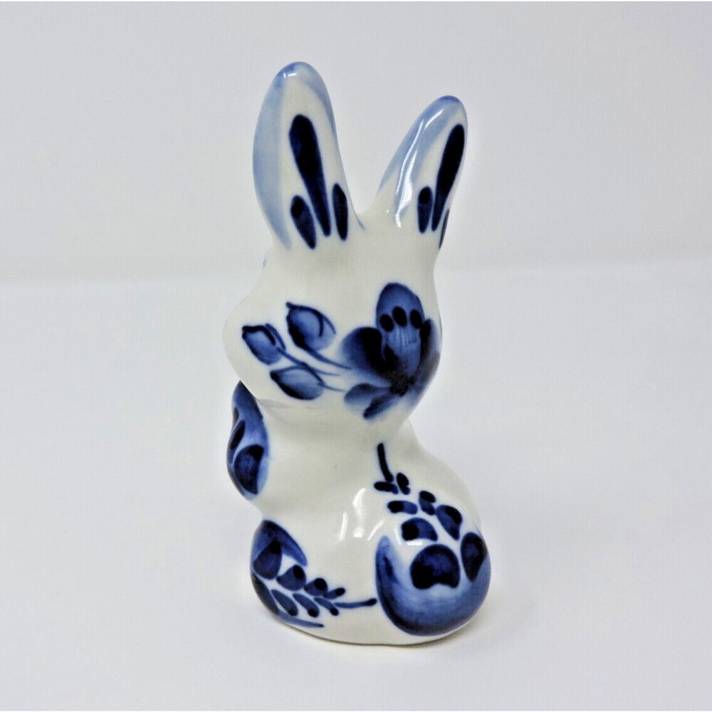 Rabbit Bunny Carrot Gzhel Porcelain Figurine Handmade Russia Cobalt White 4.5in - Picture 8 of 15